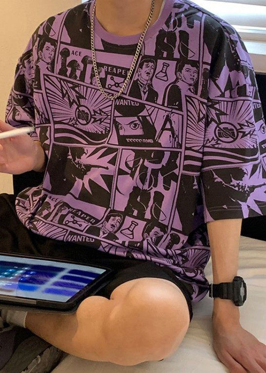 Chic Purple O Neck Print Cotton T Shirts Men Summer