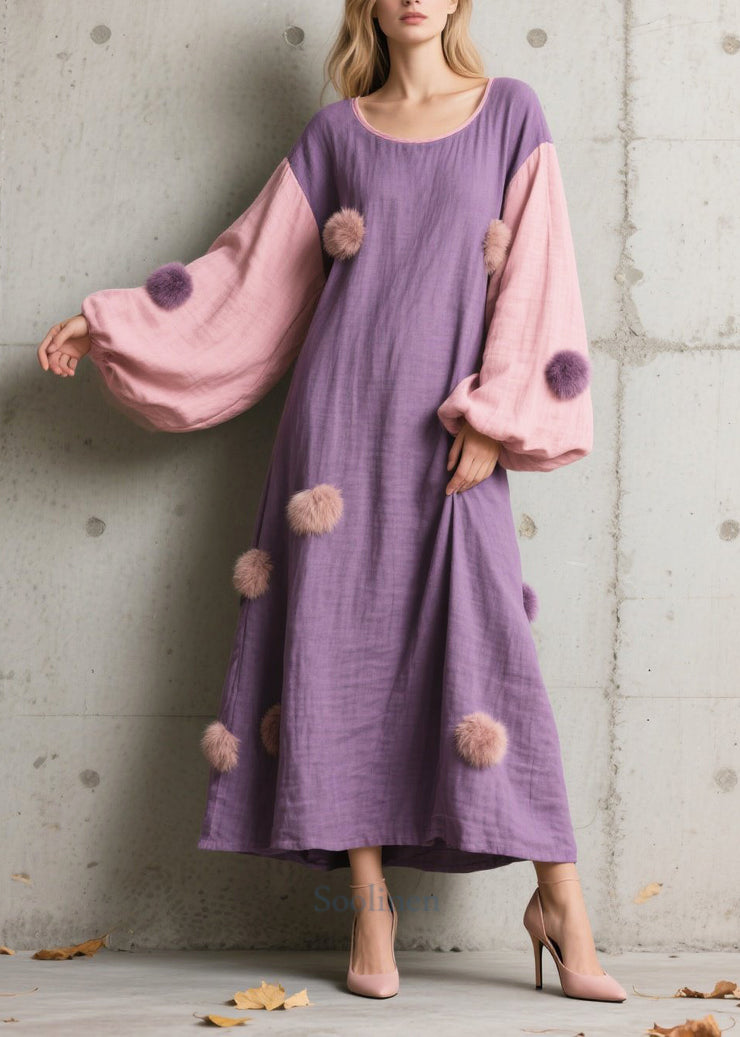 Chic Purple Oversized Patchwork Fuzzy Ball Decorated Long Dress Lantern Sleeve