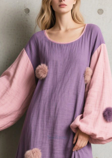 Chic Purple Oversized Patchwork Fuzzy Ball Decorated Long Dress Lantern Sleeve