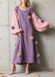 Chic Purple Oversized Patchwork Fuzzy Ball Decorated Long Dress Lantern Sleeve