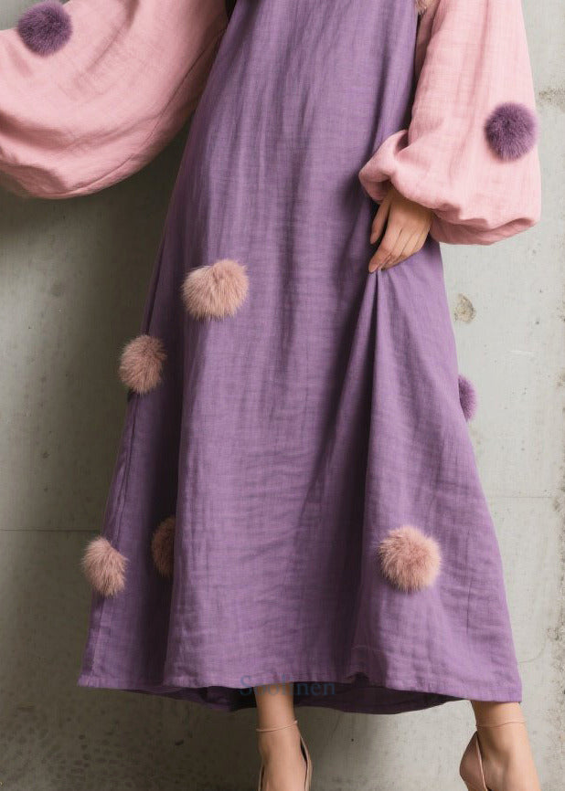Chic Purple Oversized Patchwork Fuzzy Ball Decorated Long Dress Lantern Sleeve
