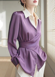 Chic Purple Peter Pan Collar Asymmetrical Design Silk Shirts Spring