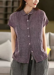 Chic Purple Peter Pan Collar Linen Shirt Top Summer