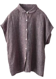 Chic Purple Peter Pan Collar Linen Shirt Top Summer