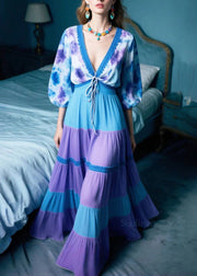 Chic Purple Print Patchwork Chiffon Long Dresses Summer