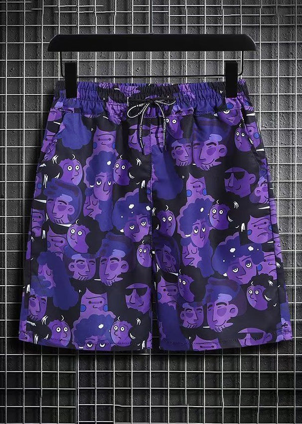 Chic Purple Print Shirt And Shorts Ice Silk Men Two Pieces Set Summer
