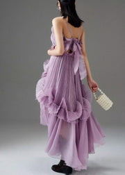Chic Purple Ruffled Low High Design Chiffon Spaghetti Strap Dress Sleeveless