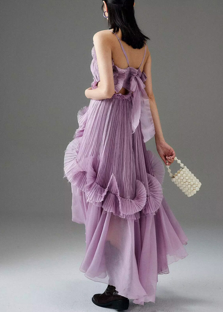 Chic Purple Ruffled Low High Design Chiffon Spaghetti Strap Dress Sleeveless