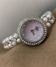 Chic Purple Stainless Steel Zircon Tempered Glass Watches