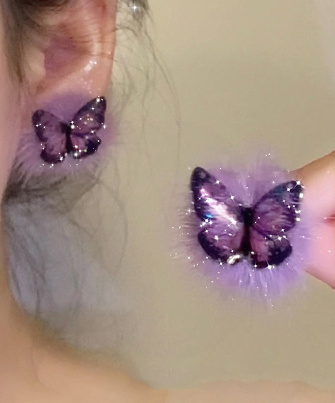 Chic Purple Sterling Silver Overgild Fuzzy Fur Fluffy Butterfly Stud Earrings