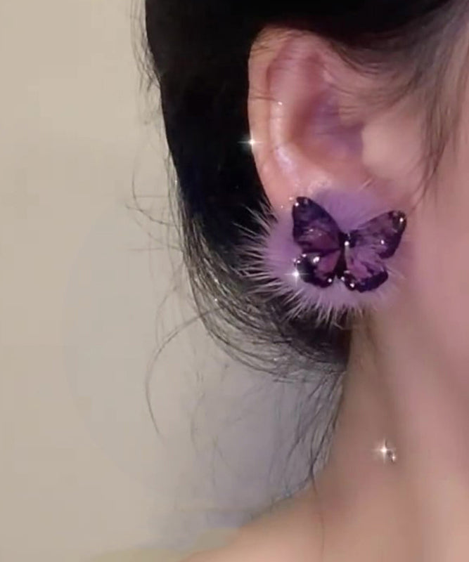 Chic Purple Sterling Silver Overgild Fuzzy Fur Fluffy Butterfly Stud Earrings