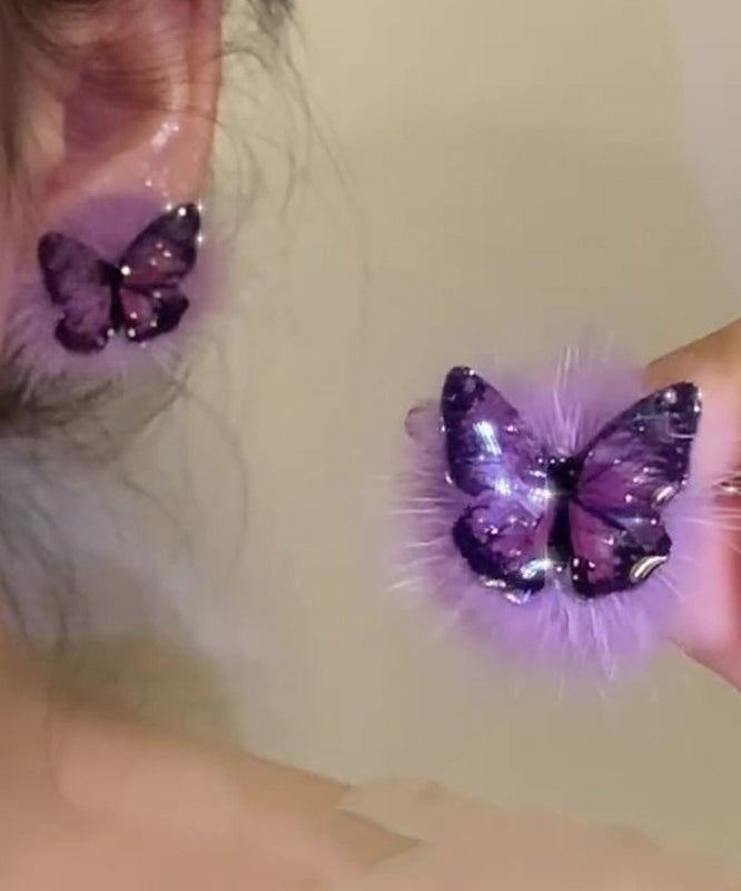 Chic Purple Sterling Silver Overgild Fuzzy Fur Fluffy Butterfly Stud Earrings