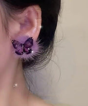 Chic Purple Sterling Silver Overgild Fuzzy Fur Fluffy Butterfly Stud Earrings