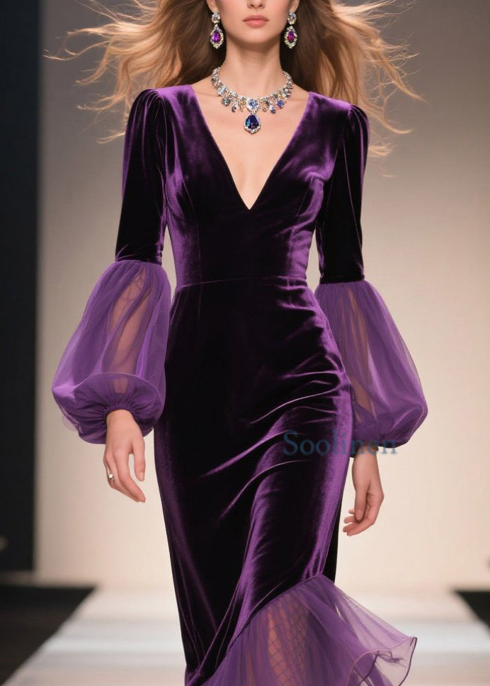 Chic Purple V Neck Asymmetrical Ruffled Patchwork Velvet Dresses Fall