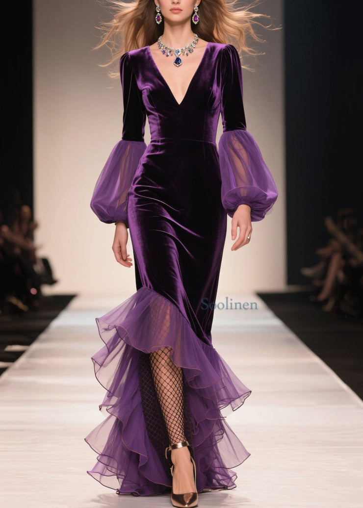 Chic Purple V Neck Asymmetrical Ruffled Patchwork Velvet Dresses Fall