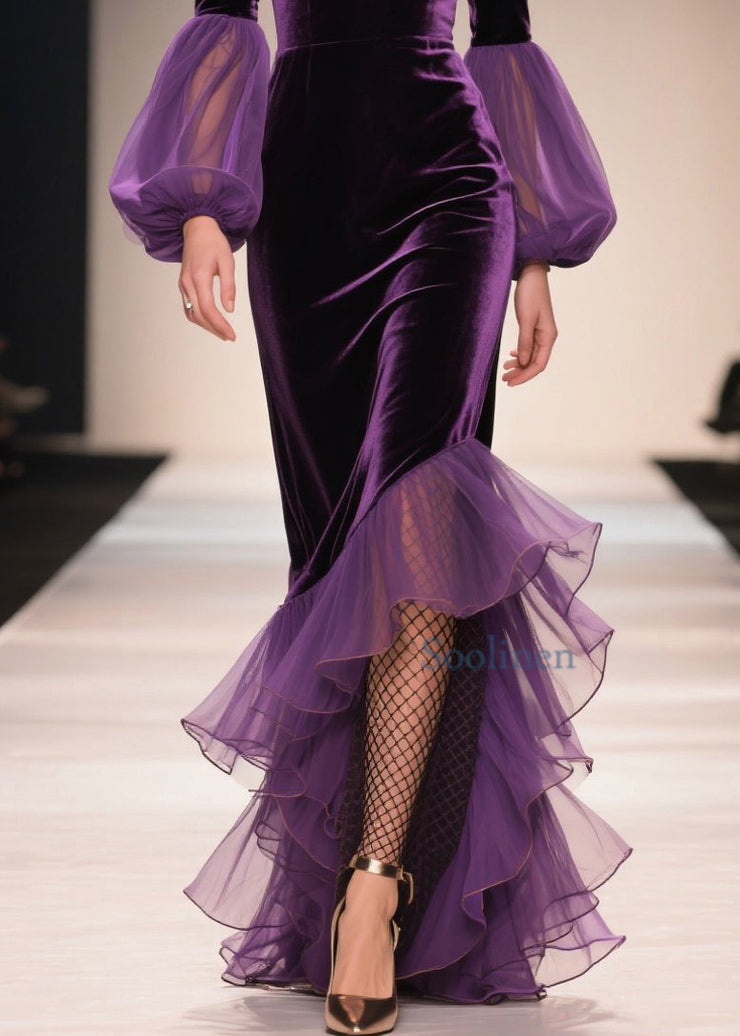 Chic Purple V Neck Asymmetrical Ruffled Patchwork Velvet Dresses Fall