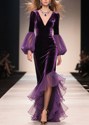 Chic Purple V Neck Asymmetrical Ruffled Patchwork Velvet Dresses Fall