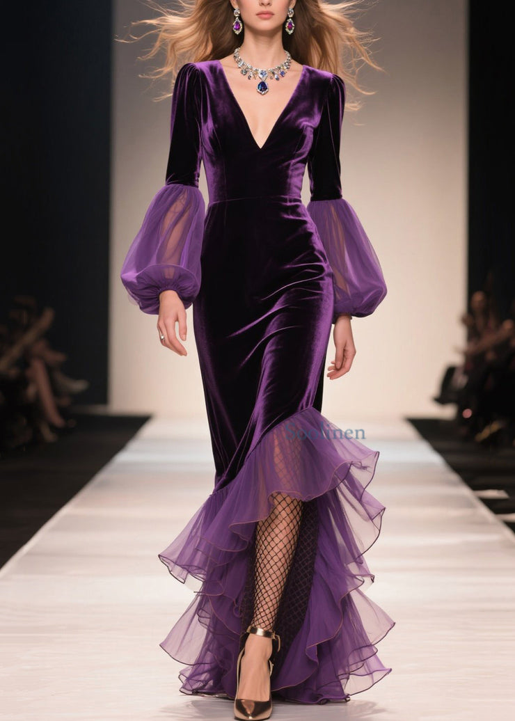 Chic Purple V Neck Asymmetrical Ruffled Patchwork Velvet Dresses Fall