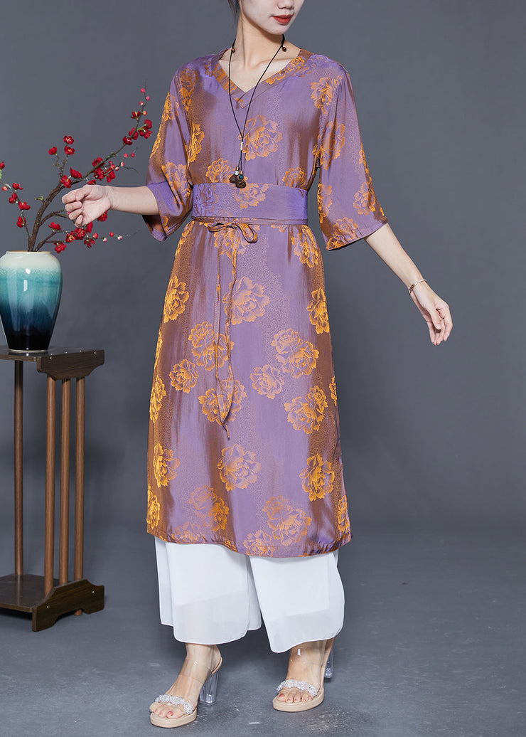 Chic Purple V Neck Print Wear On Both Sides Silk Dresses Summer