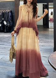 Chic Purple V Neck Ruffled False Two Pieces Linen Silk Dress Summer