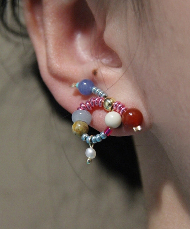 Chic Rainbow Sterling Silver Overgild Jade Agate Bow Stud Earrings