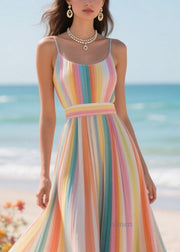 Chic Rainbow Striped Exra Large Hem Chiffon Beach Dress Summer