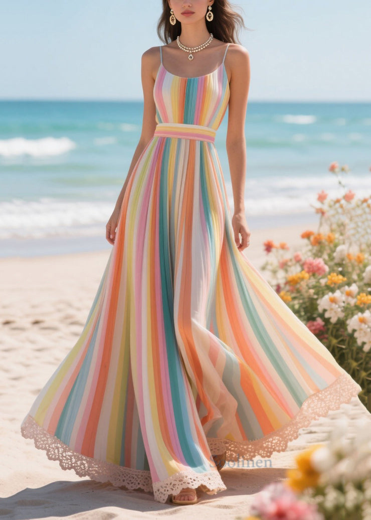 Chic Rainbow Striped Exra Large Hem Chiffon Beach Dress Summer