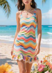 Chic Rainbow Striped Patchwork Flower Lace Sundress Summer