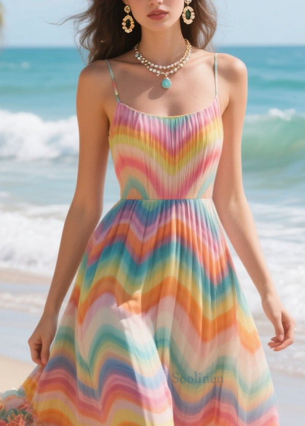 Chic Rainbow Striped Three-dimensional Flower Chiffon Long Dress Summer
