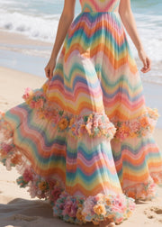 Chic Rainbow Striped Three-dimensional Flower Chiffon Long Dress Summer