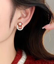 Chic Red Copper Alloy Zircon Camellia Flower Stud Earrings