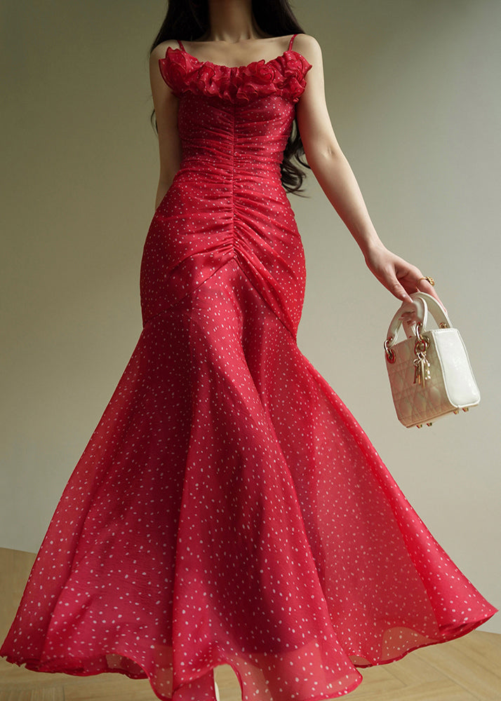 Chic Red Dot Wrinkled Chiffon Spaghetti Strap Dress Sleeveless