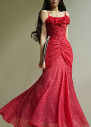 Chic Red Dot Wrinkled Chiffon Spaghetti Strap Dress Sleeveless