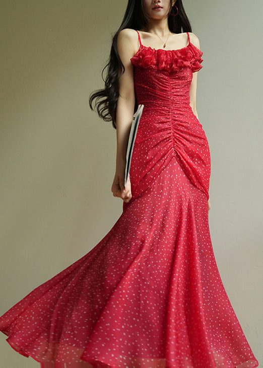 Chic Red Dot Wrinkled Chiffon Spaghetti Strap Dress Sleeveless
