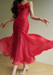 Chic Red Dot Wrinkled Chiffon Spaghetti Strap Dress Sleeveless