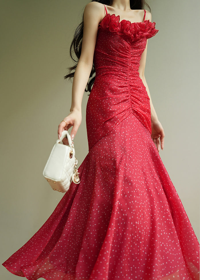 Chic Red Dot Wrinkled Chiffon Spaghetti Strap Dress Sleeveless