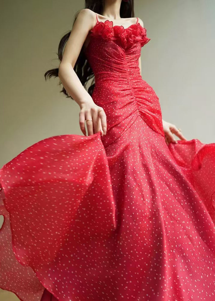 Chic Red Dot Wrinkled Chiffon Spaghetti Strap Dress Sleeveless