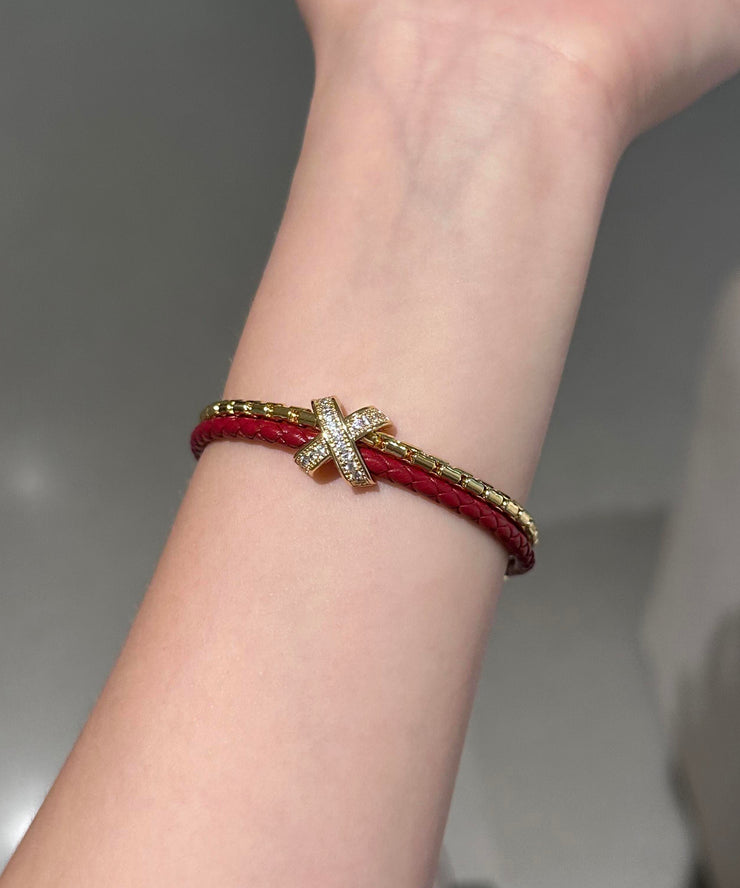 Chic Red Leather Copper Alloy Zircon Bracelet