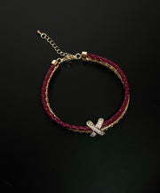 Chic Red Leather Copper Alloy Zircon Bracelet