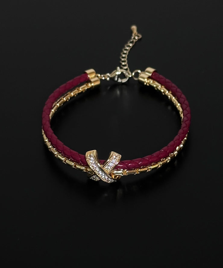 Chic Red Leather Copper Alloy Zircon Bracelet