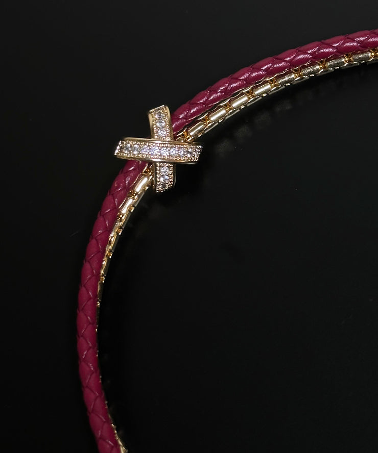 Chic Red Leather Copper Alloy Zircon Bracelet