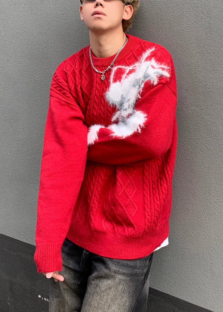 Chic Red O Neck Cozy Patchwork Knit Mens Sweaters Spring