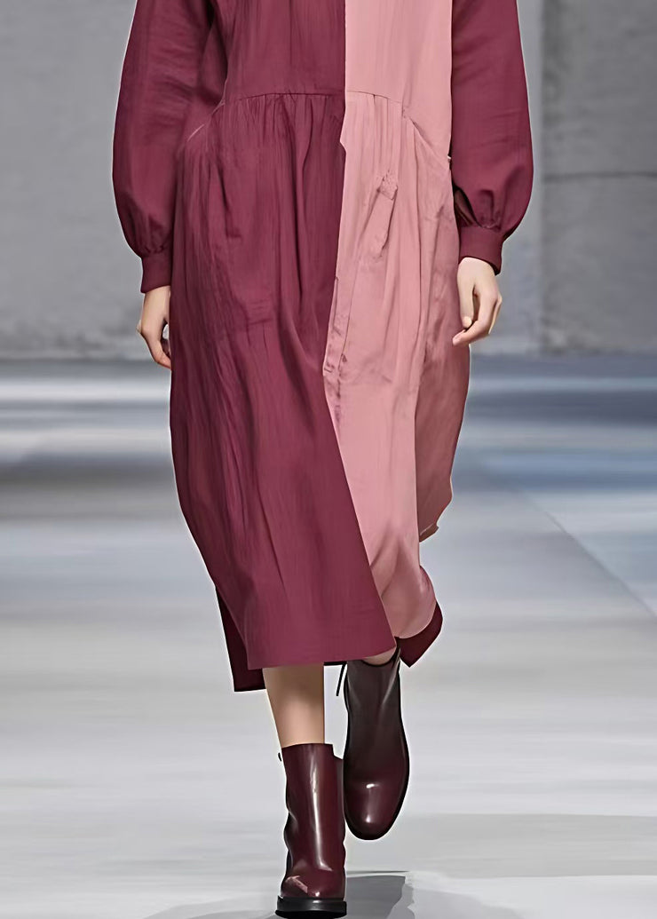 Chic Red Patchwork Wrinkled Maxi Dress Long Sleeve