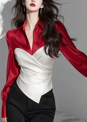 Chic Red Peter Pan Collar Patchwork Silk Shirt Spring
