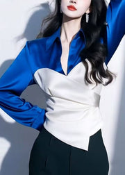 Chic Red Peter Pan Collar Patchwork Silk Shirt Spring