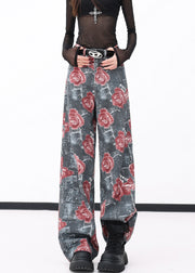 Chic Red Pockets Print Denim Wide Leg Pants Fall