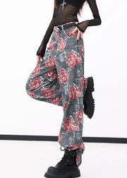 Chic Red Pockets Print Denim Wide Leg Pants Fall