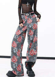 Chic Red Pockets Print Denim Wide Leg Pants Fall