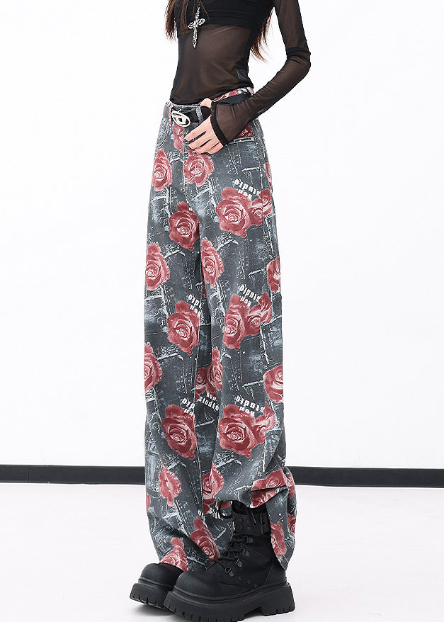 Chic Red Pockets Print Denim Wide Leg Pants Fall