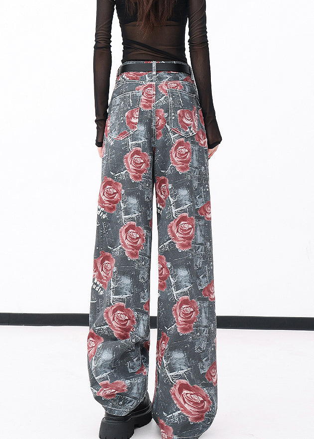 Chic Red Pockets Print Denim Wide Leg Pants Fall